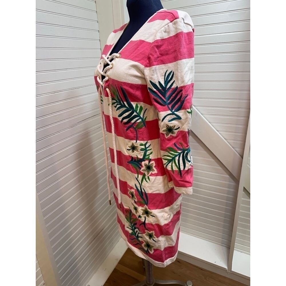 Y2K Juicy Couture Dress Women's Small Pink & White Striped Floral Embroidered